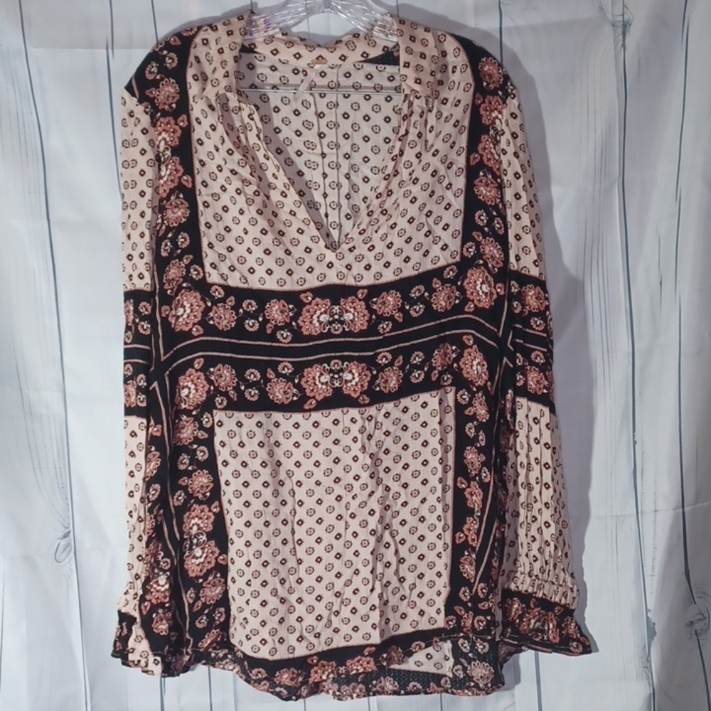 Free People Changing Times Border Print Tunic Boho Peasant Top